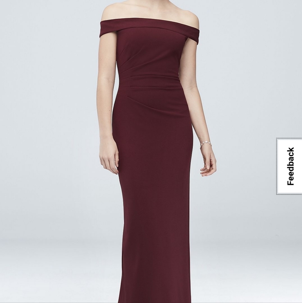 OFF-THE-SHOULDER STRETCH CREPE RUCHED BRIDESMAID DRESS
